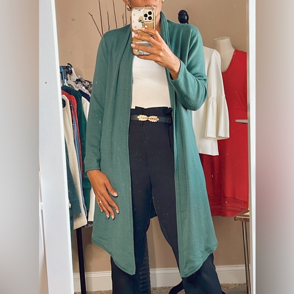 DIALOGUE | Green Wool Blend Waterfall Duster Cardigan Sweater Sz S